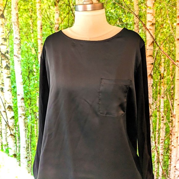 Ann Taylor SIlky Black Pocket Tee with Jersey Knit Back and Arms - Picture 1 of 7
